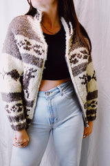 long sleeve vintage 1970's cowichan zip up cardigan sweater with reindeer print