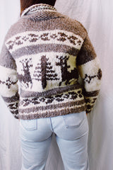 long sleeve vintage 1970's cowichan zip up cardigan sweater with reindeer print