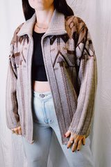 long sleeve zip up cardigan sweater brown with print vintage 1980's
