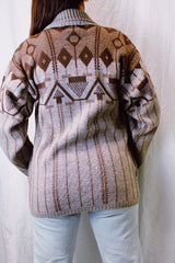 long sleeve zip up cardigan sweater brown with print vintage 1980's