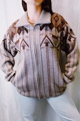 long sleeve zip up cardigan sweater brown with print vintage 1980's