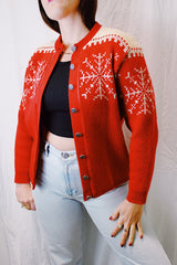 long sleeve red and cream printed norwegian sweater with silver round buttons vintage 1970's