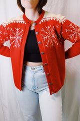 long sleeve red and cream printed norwegian sweater with silver round buttons vintage 1970's