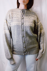 long sleeve grey and cream norwegian sweater vintage with round silver button closure