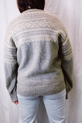 long sleeve grey and cream norwegian sweater vintage with round silver button closure