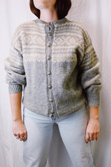 long sleeve grey and cream norwegian sweater vintage with round silver button closure