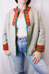 mohair blend norwegian style vintage long sleeve sweater with silver clasp buttons and red embroidered details