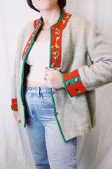 mohair blend norwegian style vintage long sleeve sweater with silver clasp buttons and red embroidered details