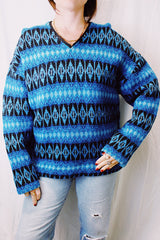long sleeve v neck pullover sweater im blue and black print norwegian style vintage 1960's