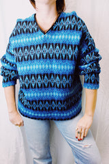 long sleeve v neck pullover sweater im blue and black print norwegian style vintage 1960's