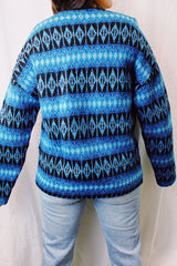 long sleeve v neck pullover sweater im blue and black print norwegian style vintage 1960's