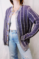 vintage 1970's long sleeve acrylic purple and cream sweater that buttons up the front