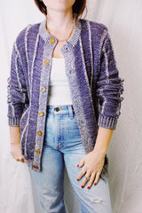 vintage 1970's long sleeve acrylic purple and cream sweater that buttons up the front