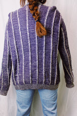 vintage 1970's long sleeve acrylic purple and cream sweater that buttons up the front