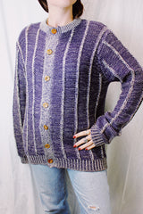 vintage 1970's long sleeve acrylic purple and cream sweater that buttons up the front