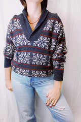 long sleeve v neck pullover sweater in grey with white and red pattern vintage 1950's