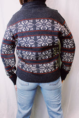 long sleeve v neck pullover sweater in grey with white and red pattern vintage 1950's