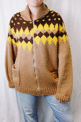 long sleeve zip up cowichan style sweater in camel brown with dark brown and yellow print around neck