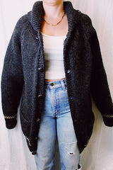 long sleeve grey grandpa sweater wool with buttons up the front and embroidered salmon print on the back