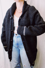 long sleeve grey grandpa sweater wool with buttons up the front and embroidered salmon print on the back