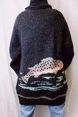 long sleeve grey grandpa sweater wool with buttons up the front and embroidered salmon print on the back