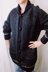 long sleeve grey grandpa sweater wool with buttons up the front and embroidered salmon print on the back