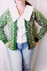 long sleeve norwegian vintage sweater in a green and cream print with silver metal buttons