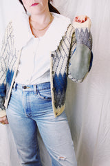 long sleeve norwegian style sweater cream blue and grey print silver metal buttons