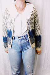 long sleeve norwegian style sweater cream blue and grey print silver metal buttons