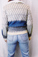long sleeve norwegian style sweater cream blue and grey print silver metal buttons