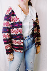 long sleeve iceland sweater vintage 1960's metal silver buttons with cream, pink, and navy striped pattern