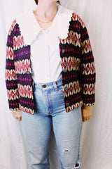 long sleeve iceland sweater vintage 1960's metal silver buttons with cream, pink, and navy striped pattern