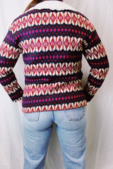 long sleeve iceland sweater vintage 1960's metal silver buttons with cream, pink, and navy striped pattern