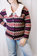 long sleeve iceland sweater vintage 1960's metal silver buttons with cream, pink, and navy striped pattern