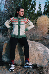 long sleeve wool cream norwegian sweater with green and burnt orange print