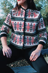 long sleeve wool sweater cream with red, green, and black print gold buttons up the front