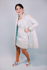 silver and baby blue metallic sleeveless shift dress and matching zip up jacket 1960's vintage