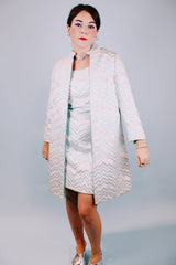 silver and baby blue metallic sleeveless shift dress and matching zip up jacket 1960's vintage