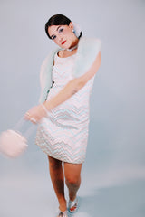 silver and baby blue metallic sleeveless shift dress and matching zip up jacket 1960's vintage