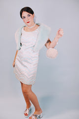 silver and baby blue metallic sleeveless shift dress and matching zip up jacket 1960's vintage