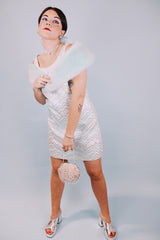 silver and baby blue metallic sleeveless shift dress and matching zip up jacket 1960's vintage