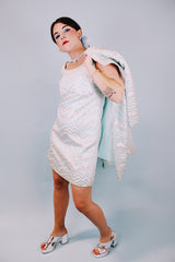 silver and baby blue metallic sleeveless shift dress and matching zip up jacket 1960's vintage