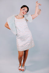 silver and baby blue metallic sleeveless shift dress and matching zip up jacket 1960's vintage