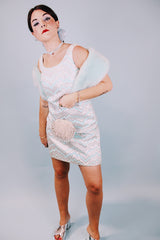 silver and baby blue metallic sleeveless shift dress and matching zip up jacket 1960's vintage