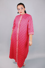 ankle length pink quilted duster robe 1960's vintage with white lace trim