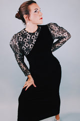 ankle length black velvet dress with silver metallic lace puff sleeves vintage 1980's