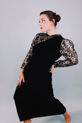 ankle length black velvet dress with silver metallic lace puff sleeves vintage 1980's