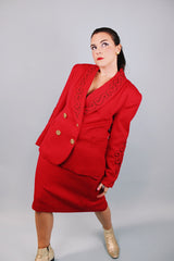 vintage 1980's red blazer and pencil skirt matching set blazer has gold and black piping and gold buttons