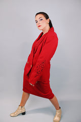 vintage 1980's red blazer and pencil skirt matching set blazer has gold and black piping and gold buttons