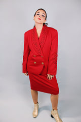 vintage 1980's red blazer and pencil skirt matching set blazer has gold and black piping and gold buttons